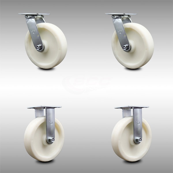 8 Inch Stainless Steel Nylon Caster Set with Ball Bearings 2 Swivel 2 Rigid SCC